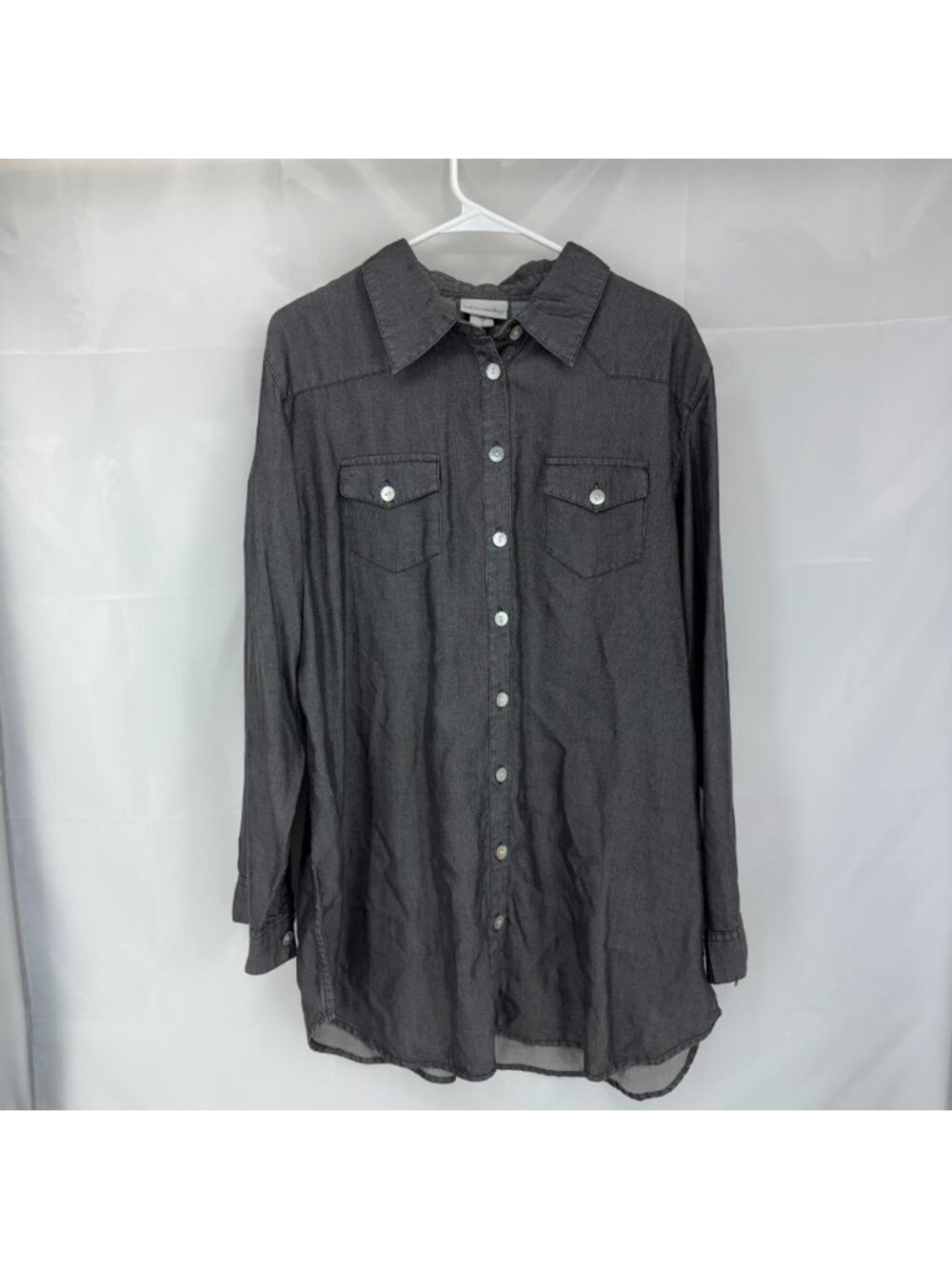 Soft Surroundings Women XL Chambray Tunic Shirt Button Front Gray Long Sleeve